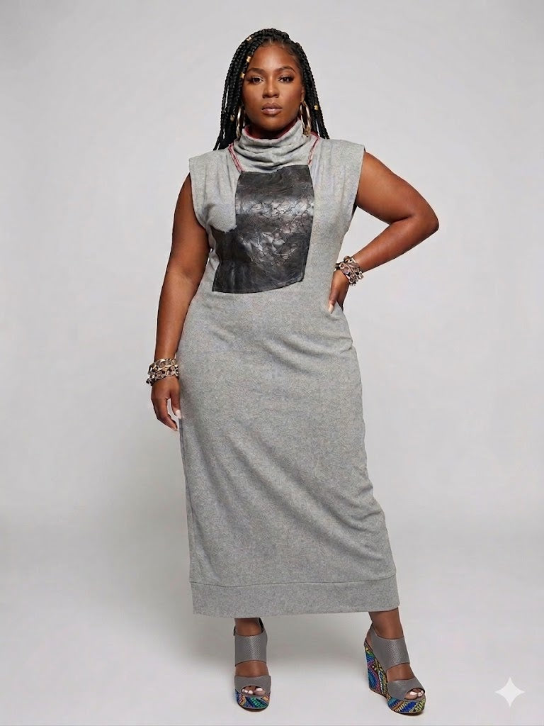 Knit dress with genuine leather