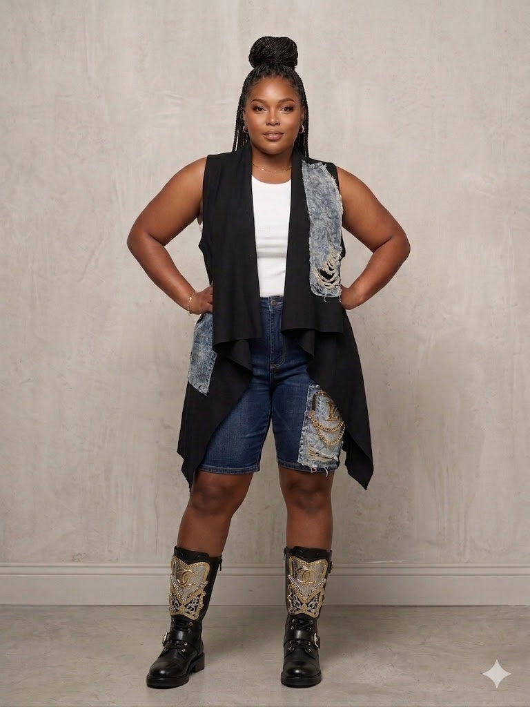 Denim/ Knit Draped Vest